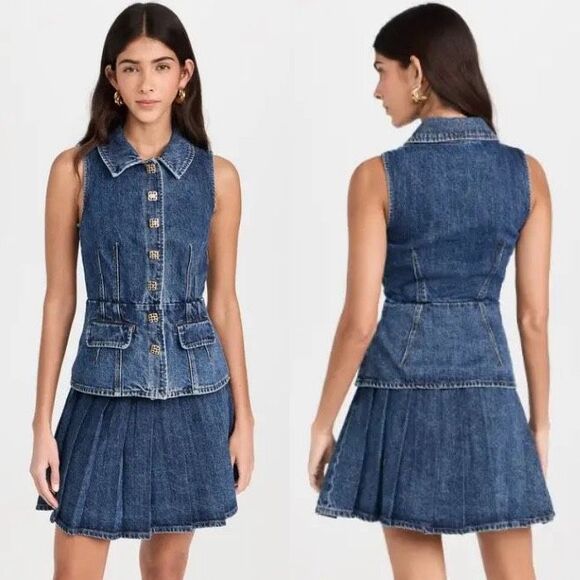NWT SELF-PORTRAIT Pleated Denim Mini Top Skirt Set Size 2 - Picture 1 of 12